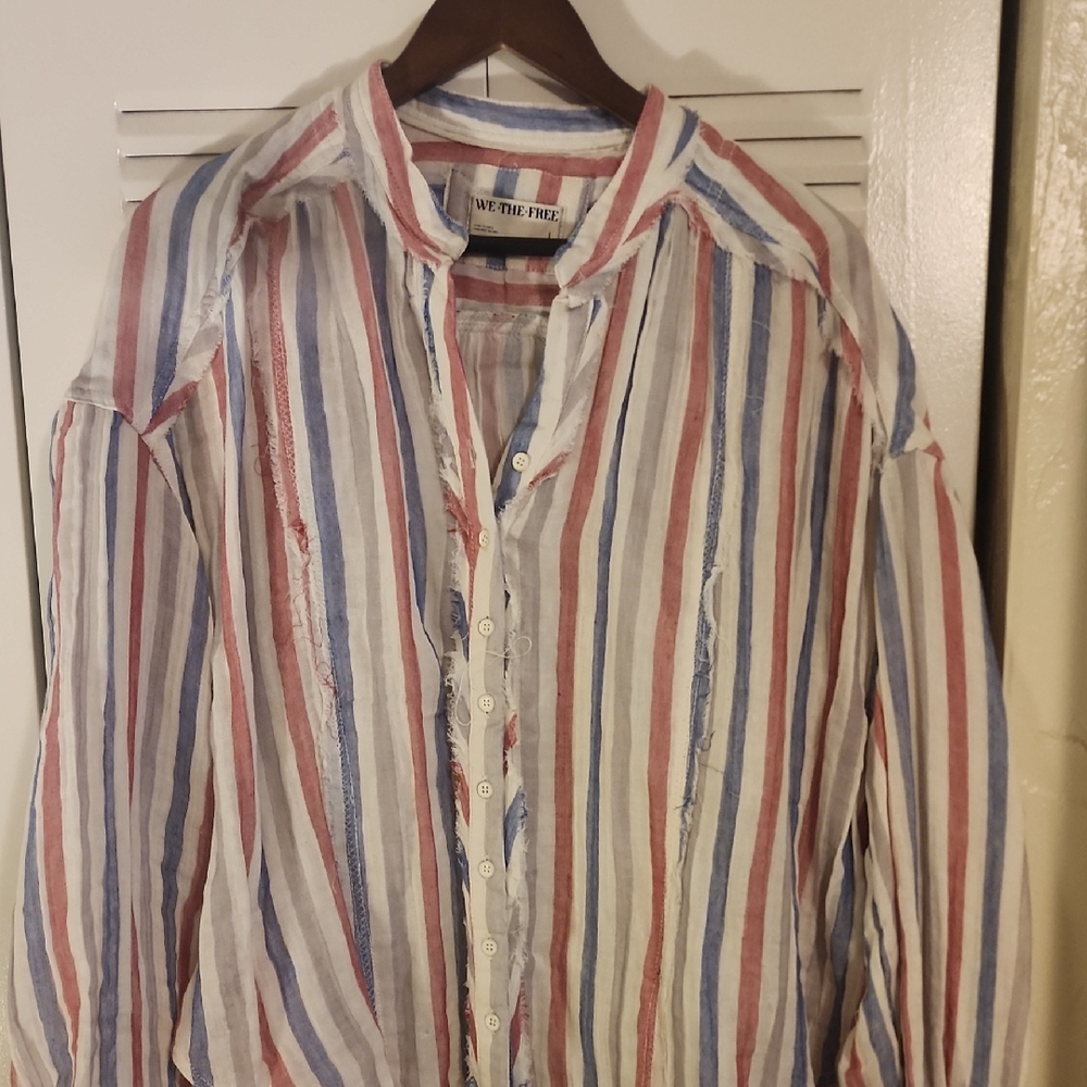 We The Free. Red, Blue, and White Striped Shirt
